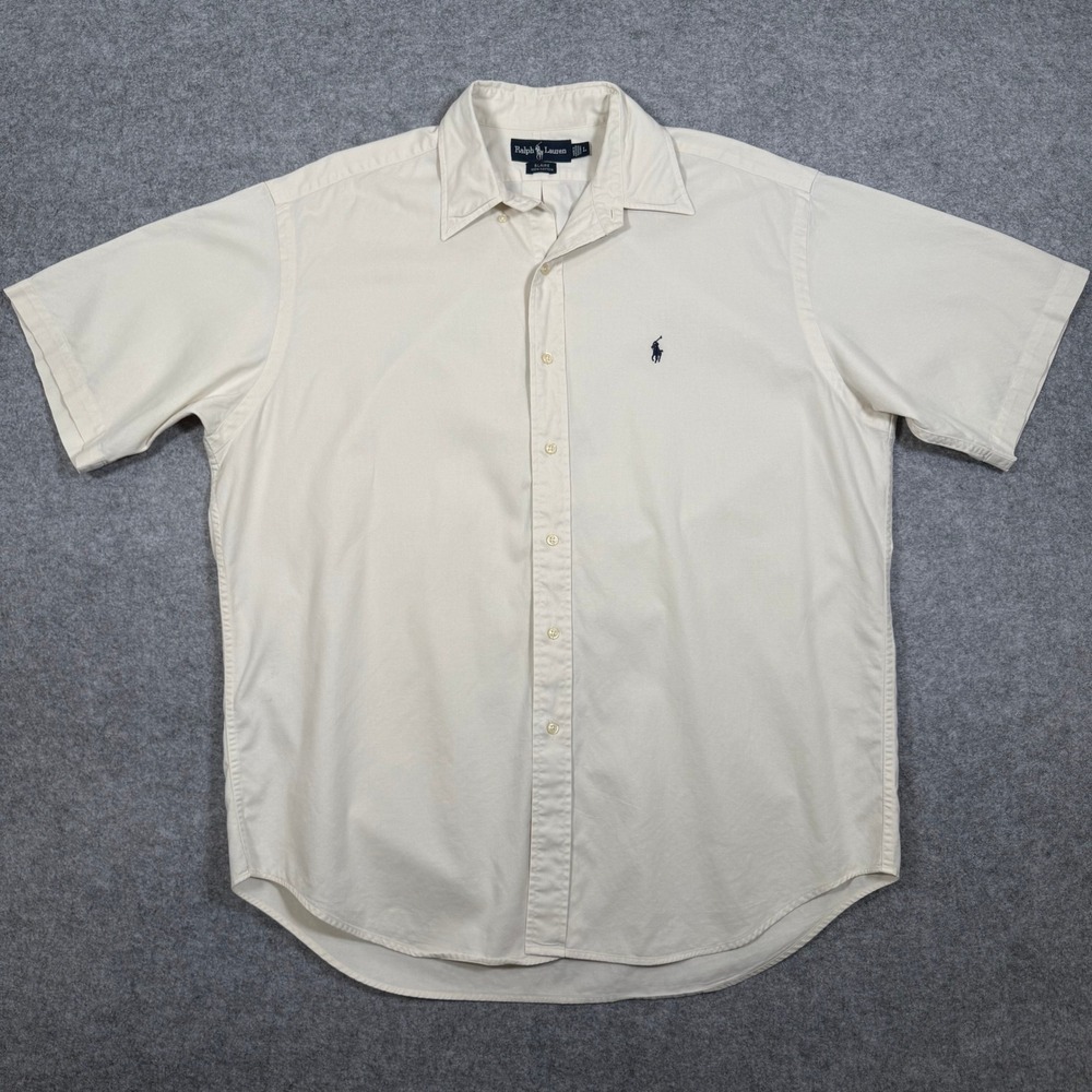 Ralph Lauren Blaire Mens Large Cream Short Sleeve Cotton Button Down Shirt Pony - Picture 2 of 9
